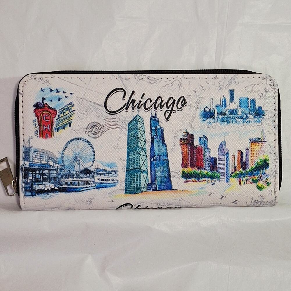 Zip-around Wallet Chicago Skyline White